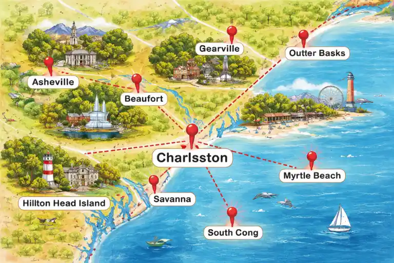 Map of the Best Weekend Getaways from Charleston SC