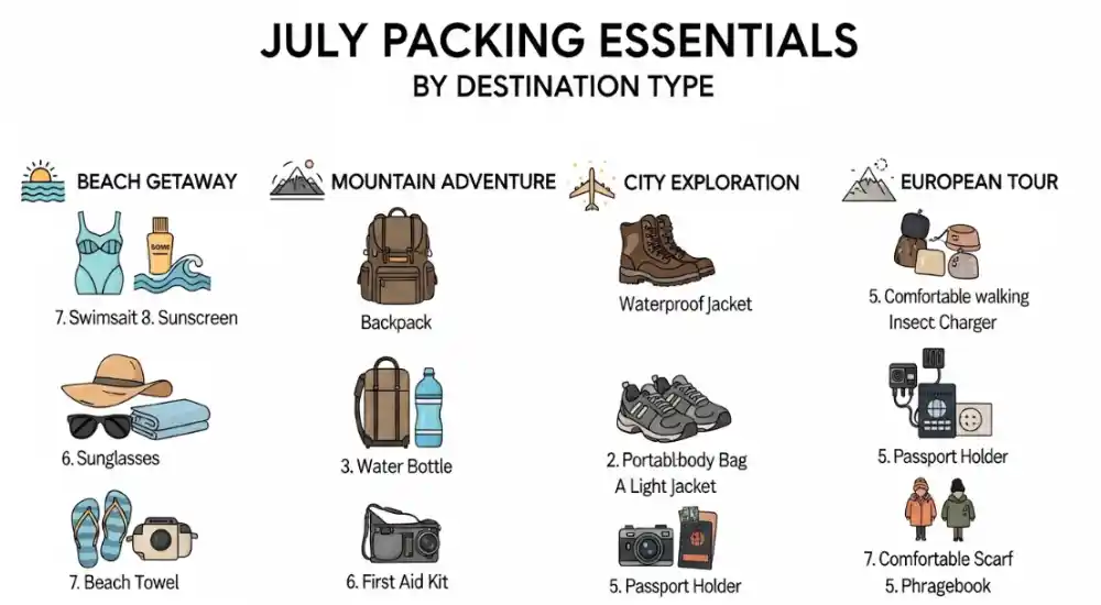 July Packing Essentials by Destination Type